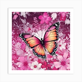 Butterfly On Pink Flowers 2 Art Print