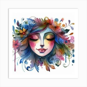 Watercolor Of A Woman With Flowers 14 Art Print