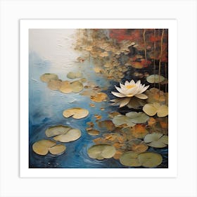 Surface of water with water lilies and maple leaves 1 Art Print