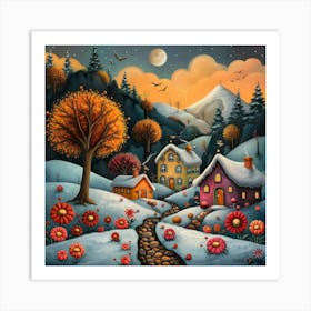 Winter Village, Naive, Whimsical, Folk Art Print