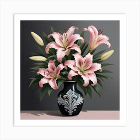 Graphic Design Pink Lily Bouquet In Swan Vase Dark Floral Pain 1 Art Print