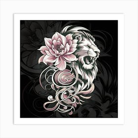 Lion With Lotus Flower Art Print