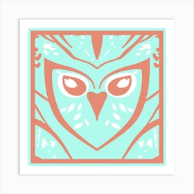 Chic Owl Warm Orange And Duck Egg Blue  Art Print