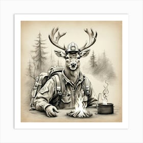 Deer At The Campfire Art Print