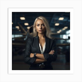 Young Woman In An Airplane Hangar Art Print