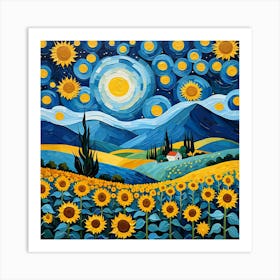 Sunflower Field in Van Gogh Starry Night With Mountains Art Print