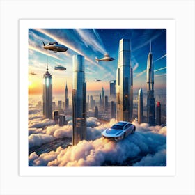 A futuristic cityscape with flying cars and buildings soaring above the clouds. Art Print