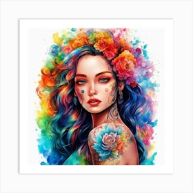 Colorful Girl With Flowers Art Print