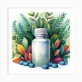 A Bottle Of Pills Surrounded By Plants Art Print