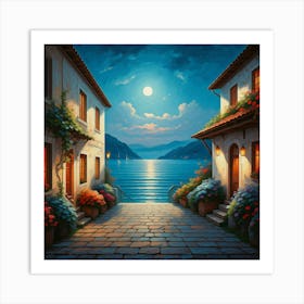 Night On The Lake with a small town, oil paintimg Art Print