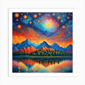 Cosmic Harmony: Mystical Mountain Landscape with Radiant Celestial Lights Wall Art Art Print
