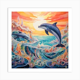 Dolphins At Sunset Art Print