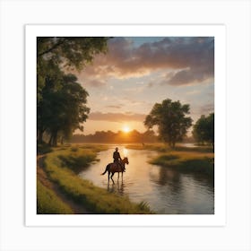 Art Of Riding On Horse With Beautiful Sunset River On Site And Beautiful Grass Art Print