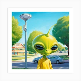 Yellow Alien With A Welcoming Demeanor Leaning On A Bus Stop Pole Suburbia In The Background Wait Art Print