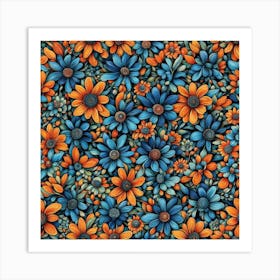 Blue And Orange Flowers Art Print