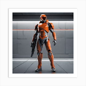 A Futuristic Warrior Stands Tall, His Gleaming Suit And Orange Visor Commanding Attention 1 Art Print