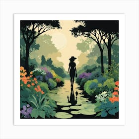 Woman Walking In The Garden Art Print