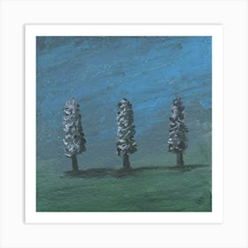 Three Trees - hand painted landscape square blue green plant Art Print