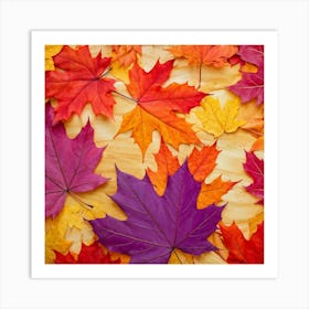 An Abstract Fall Themed Wallpaper A Group Of Maple Leaves In A Rainbow Of Autumn Hues Vivid Red W (4) Art Print