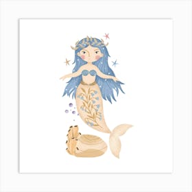 Blue haired enchanting mermaid Art Print