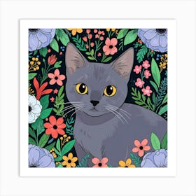 Grey Cat With Flowers Art Print