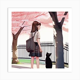 Girl And A Cat Art Print