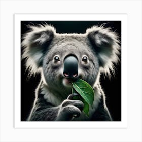 Koala chewing leaf portrait on black background Art Print