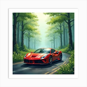 Ferrari Driving Through A Watercolor Misty Forest With Lush Greenery 1 1 Art Print