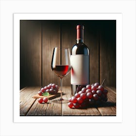 Wine Bottle, glass of red wine And Grapes On Wooden Background 1 Art Print