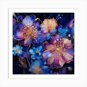 Blue And Gold Flowers Art Print