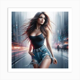 Girl In Denim Shorts Art Print