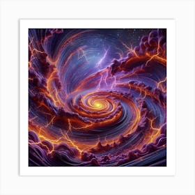 3 Dimensional Rivers With Multiple Orange Lightning And Purple Swirls In A Vortex Of Storm Clouds 4 Art Print