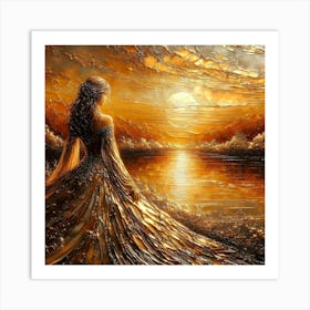 Golden Sunset With Beautiful Woman Art Print