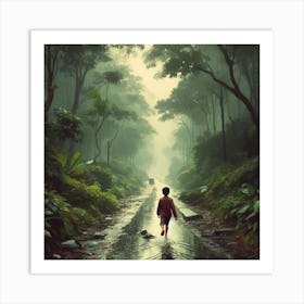 Boy Walking In The Rain Forest Art Print