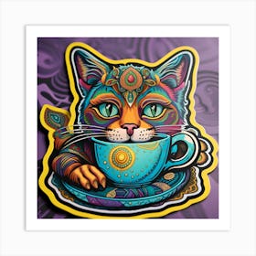 Cat In A Cup Whimsical Psychedelic Bohemian Enlightenment Print Art Print