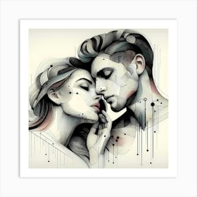 Lover Couple - Abstract Line Art Illustration 7 Art Print