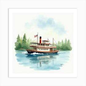 Classic Paddle Steamer On A Watercolor Lake 1 Art Print