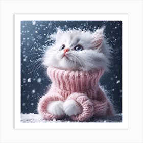 Frosted Whiskers: A Cute Kitten in Pink Amidst the Snowfall Art Print