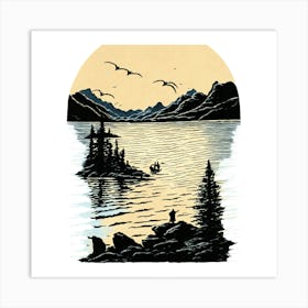 Idyllic Lake Scene with Fishing Man and Birds Art Print