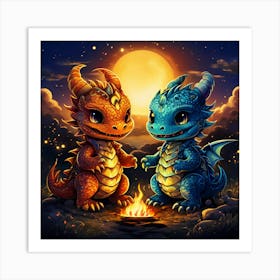 Two Dragons At Night Art Print