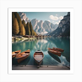 Beautiful Lake With Boats In The Italian Alps Lago Di Braies 0 Art Print