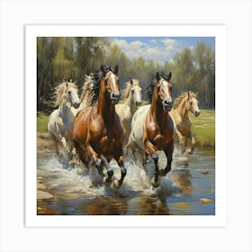 Horses Running In A Stream 1 Art Print