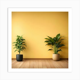 Two Potted Plants In Front Of Yellow Wall Art Print