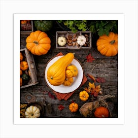 An Autumnal Photography Arrangement Depicting A Vibrant Orange Gourd Amidst A Thanksgiving Meal Sett (2) Art Print