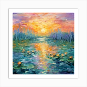 Sunset With Water Lilies Art Print