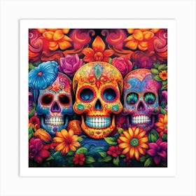 Maraclemente Many Sugar Skulls Colorful Flowers Vibrant Colors 2 Art Print