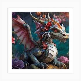 Dragon With Flowers Art Print