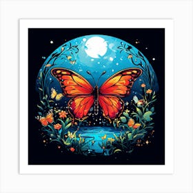 Butterfly In The Moonlight, A Butterfly Garden With Various Species art print Art Print