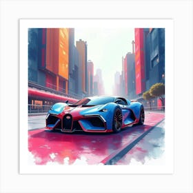 Bugatti Bolide Set In A Colorful Watercolor Futuristic City 1 Art Print