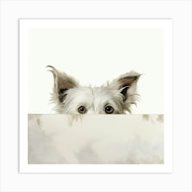 White Dog Peeking Out Of A Sign Art Print